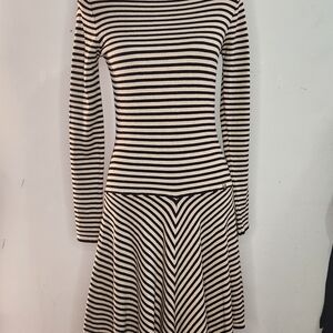 FINERY Striped Long-Sleeve Fit & Flare Dress in Black and Cream